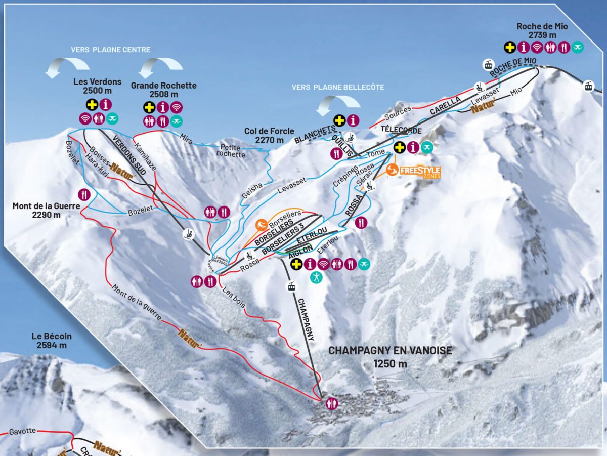 Guide to the pistes and lifts in the Champagny-en-Vanoise sector of La Plagne