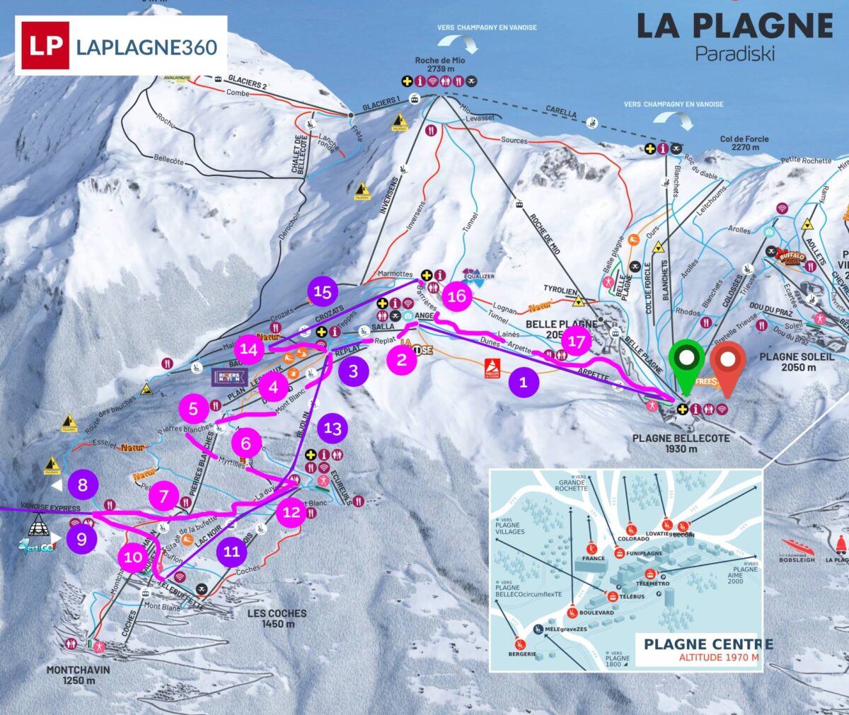 Downloadable piste map of the route to get to Les Arcs from La Plagne