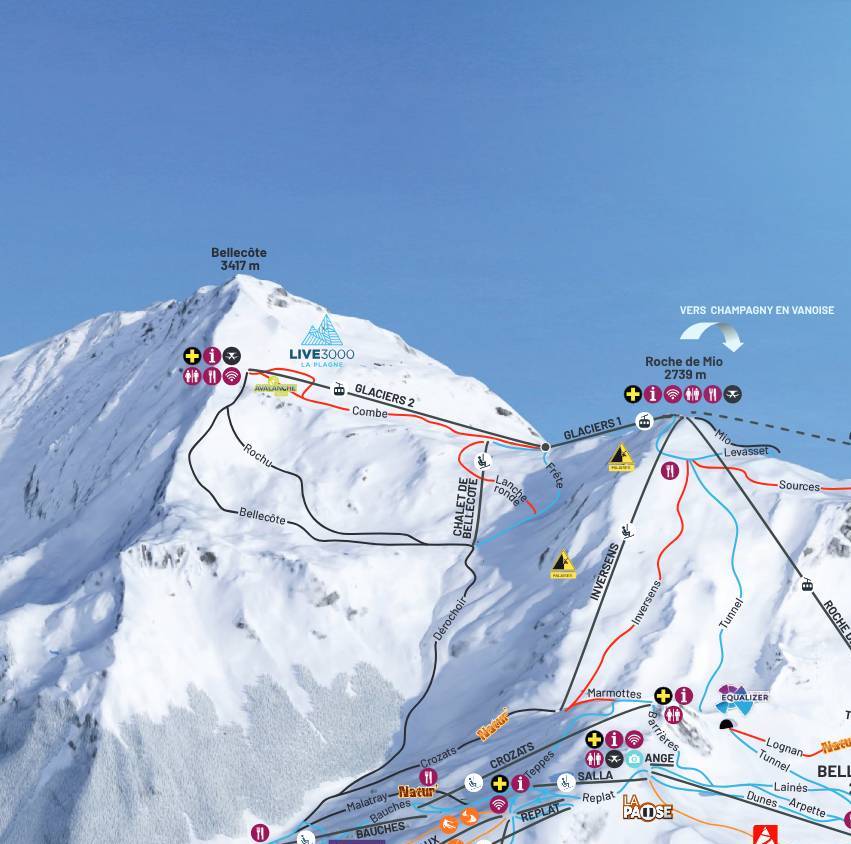 Guide to the runs and lifts on the Bellecôte glacier area of La Plagne, Paradiski