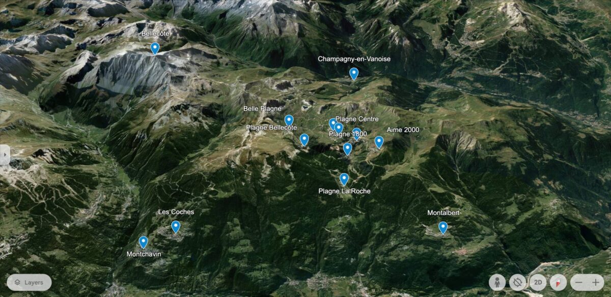 3D map of La Plagne showing the main stations