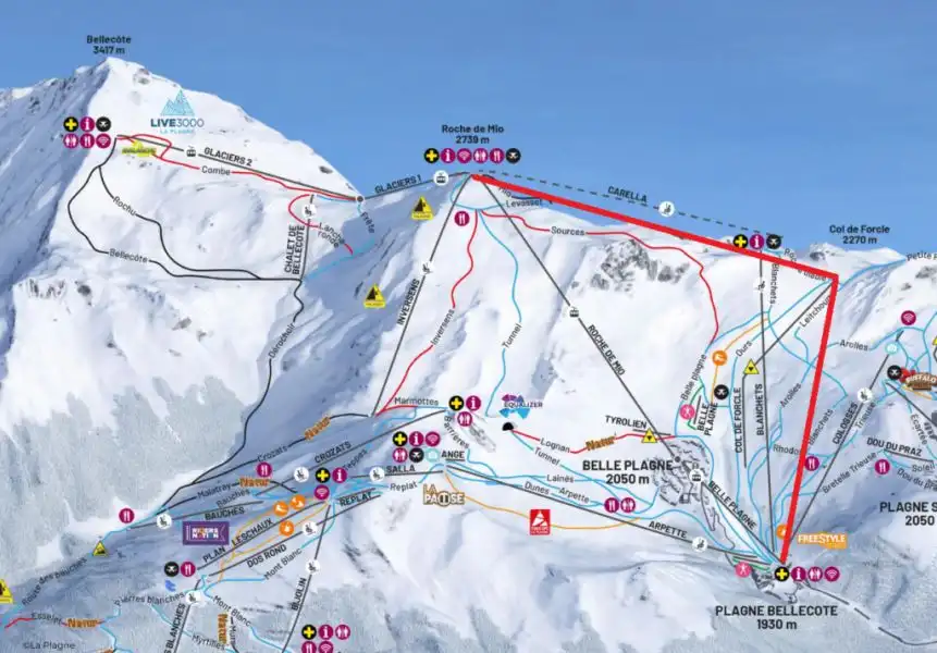 La Plagne piste map showing the new Roche de Mio gondola route