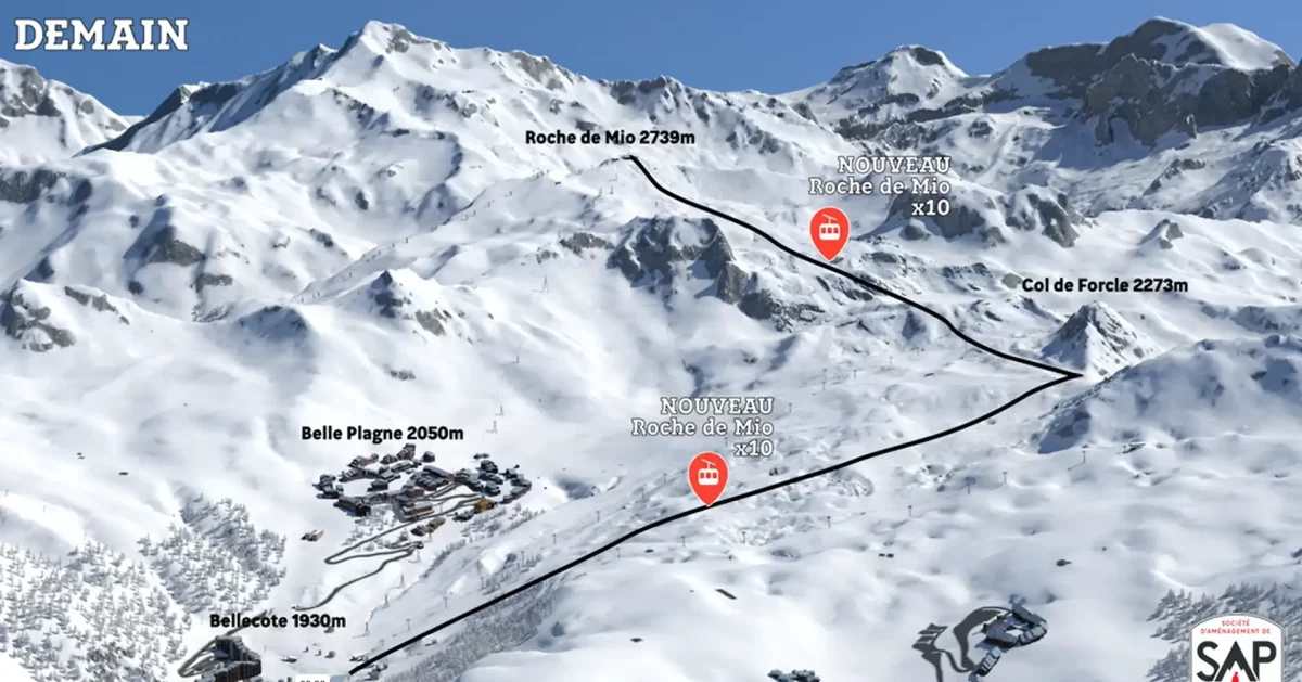 Route of the new Roche de Mio gondola in La Plagne