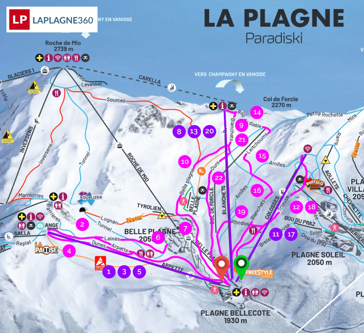 Plagne Bellecôte / Belle Plagne blue route piste map