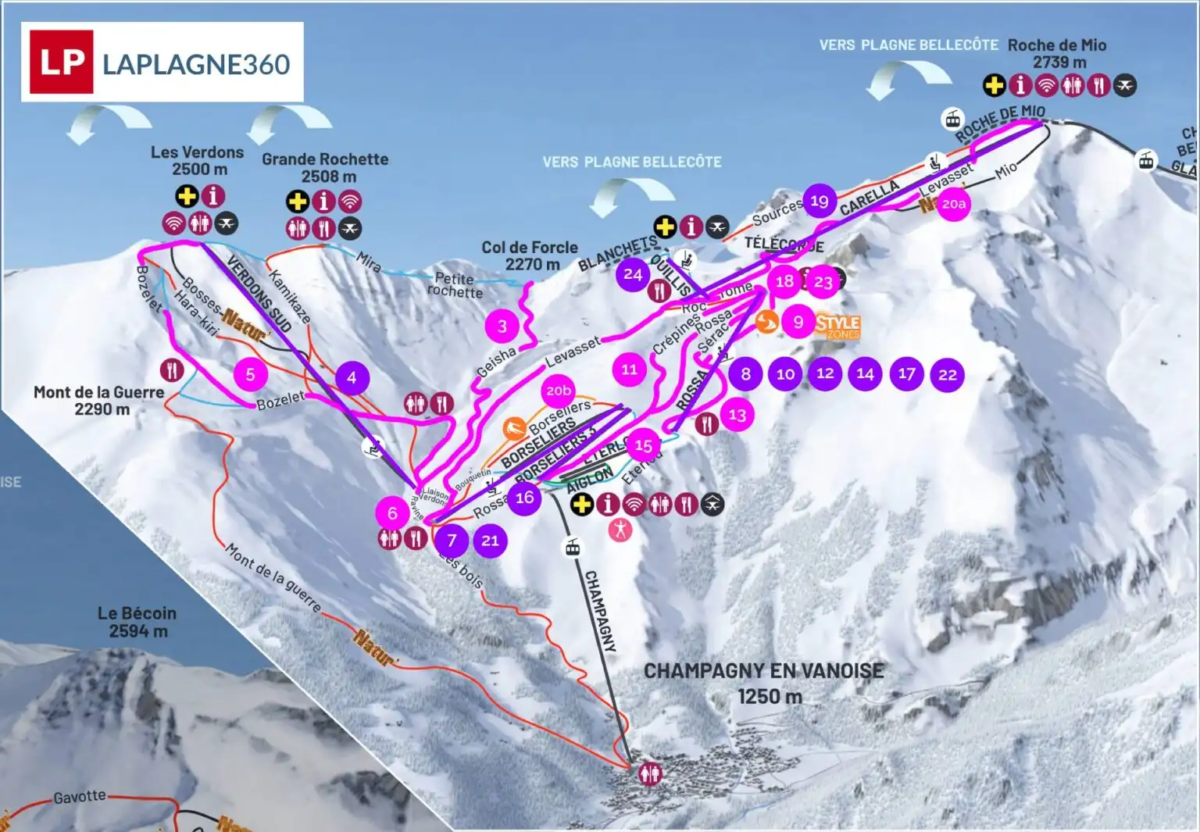 Champagny piste map showing intermediate runs