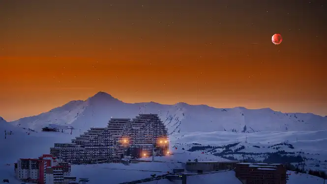 La Plagne's Aime 2000 Paquebot building above Plagne Centre