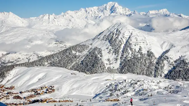 View over Plagne Villages, Plagne Soleil and the Bergerie chairlift and webcam