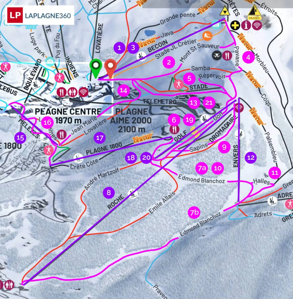 La Plagne Aime 2000 La Roche piste map showing the best intermediate runs