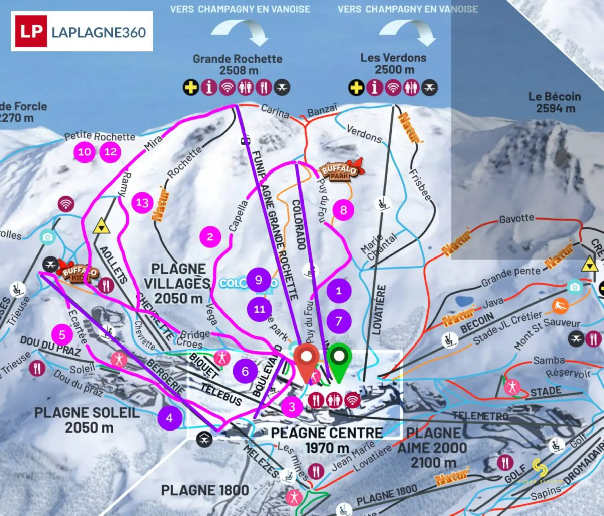 The Grande Rochette Plagne Centre piste map showing the best intermediate runs