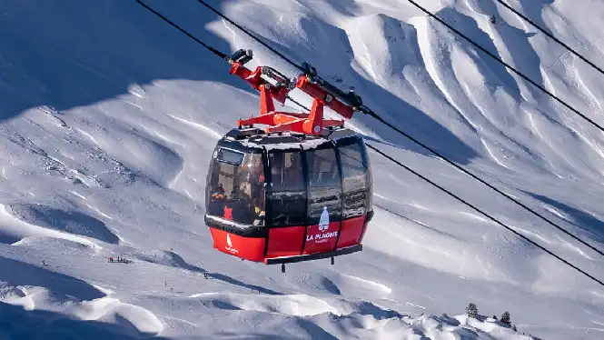 The Funiplagne gondola rises out of Plagne Centre up to Grande Rochette