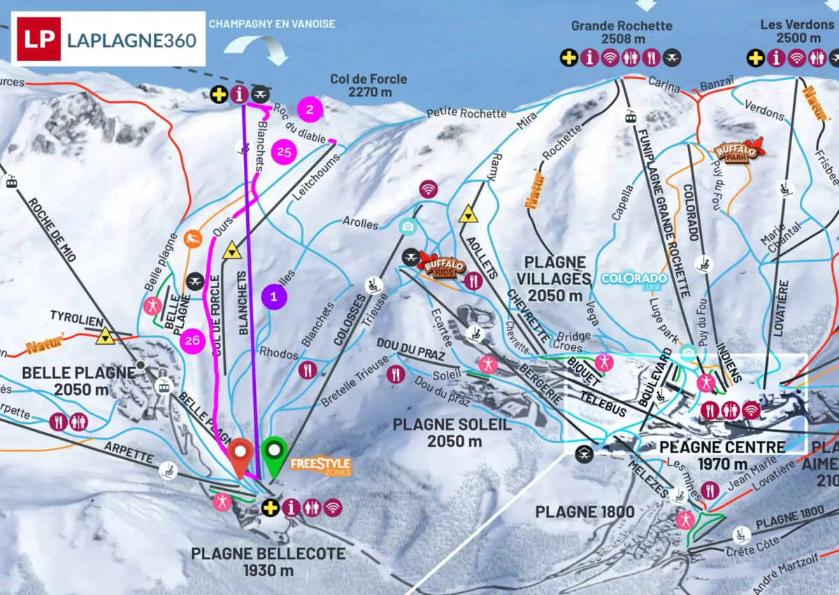 La Plagne piste map showing the start / finish point of the Champagny intermediate piste route