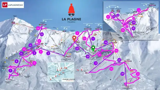 La Plagne piste map showing a route to see the best of La Plagne in a day