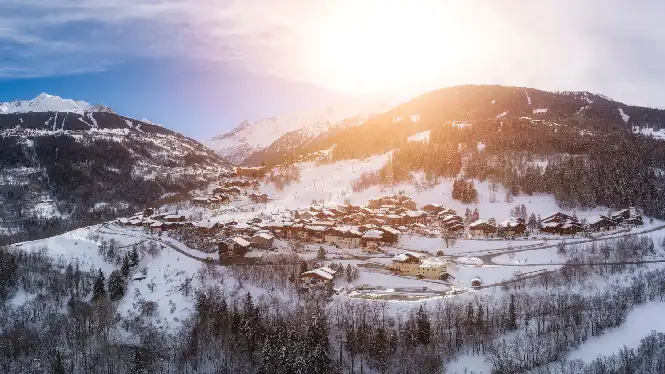 Aerial view above Montchavin Les Coches looking towards Les Arcs