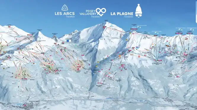 Paradiski trail map showing the lifts and runs in La Plagne and Les Arcs