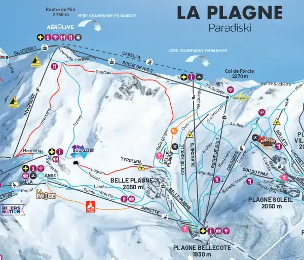 Plagne Bellecôte piste guide map (Roche de Mio / Belle Plagne area)
