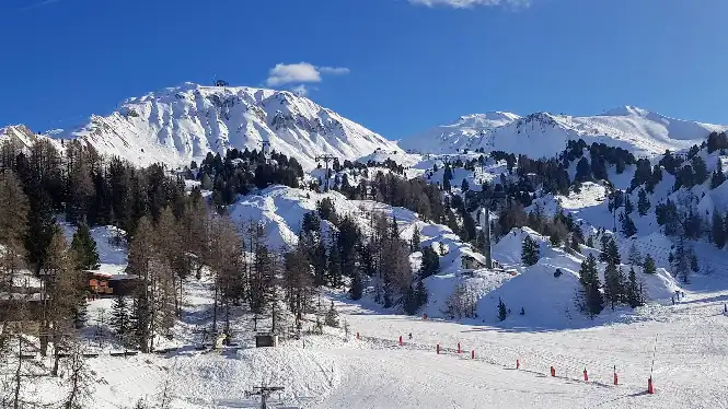 View over Grande Rochette blue runs from Plagne Centre