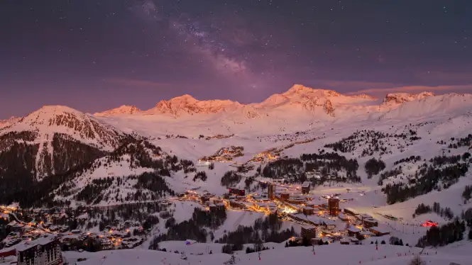 View over Plagne Centre, Plagne Soleil and Plagne Villages in the Grande Rochette bowl, one of the best intermediate areas in la Plagne