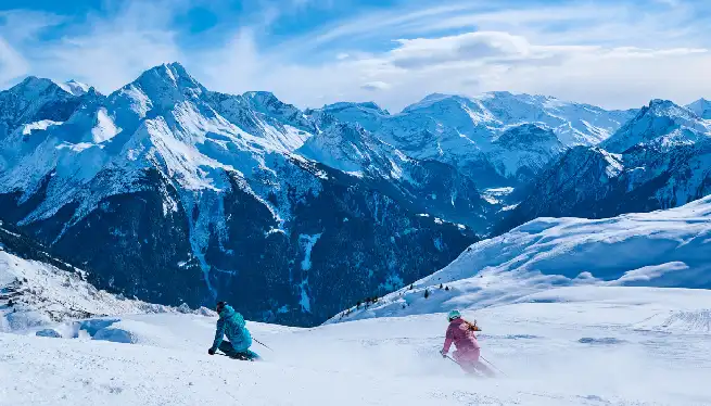 Skiing in Champagny, one of La Plagne's best areas for blue runs and off-piste skiing