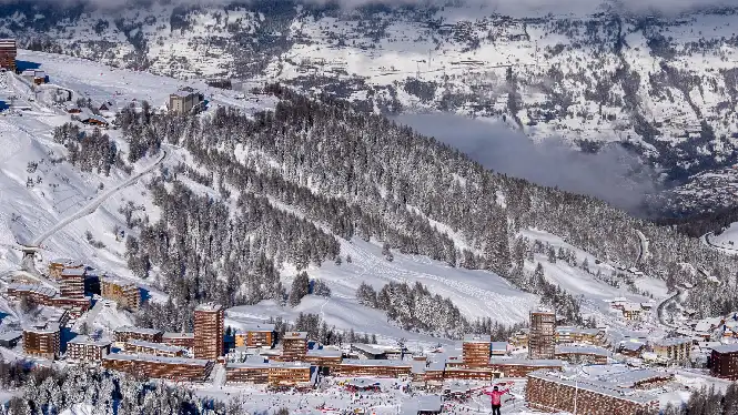 View from Grande Rochette over Plagne Centre and Aime-la-Plagne in the valley below