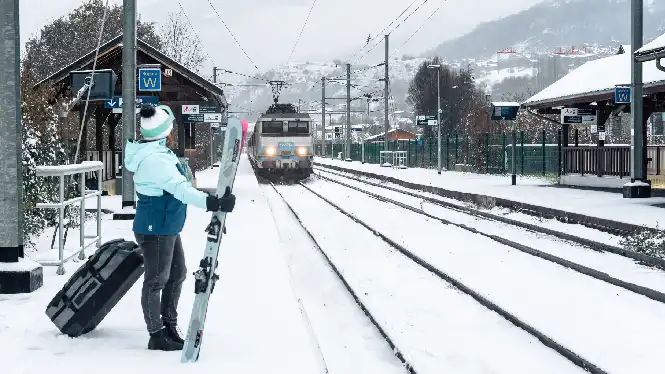 Train arriving at Aime-la-Plagne, La Plagne's train station below the main resorts 