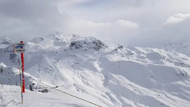A snowy mountain view in La Plagne in January