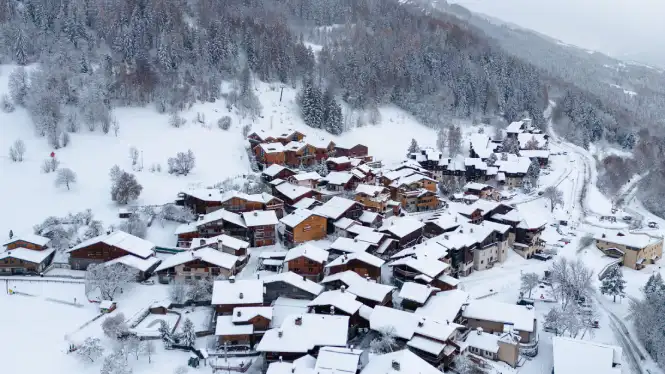 Overhead view of La Plagne's Montchavin and Les Coches villages
