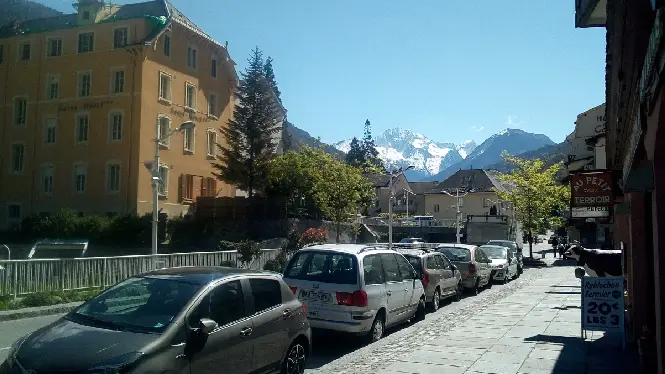 Brides-les-Bains high street below Méribel with Grande Casse in the background