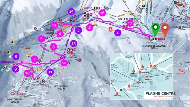 Ski from La Plagne to Les Arcs with this downloadable piste map of Paradiski