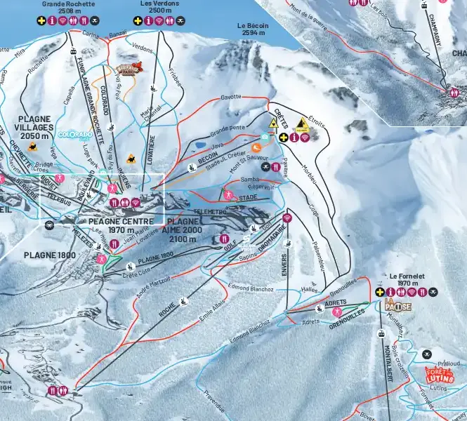 The quietest areas in La Plagne - Biolley / Aime 2000 piste map