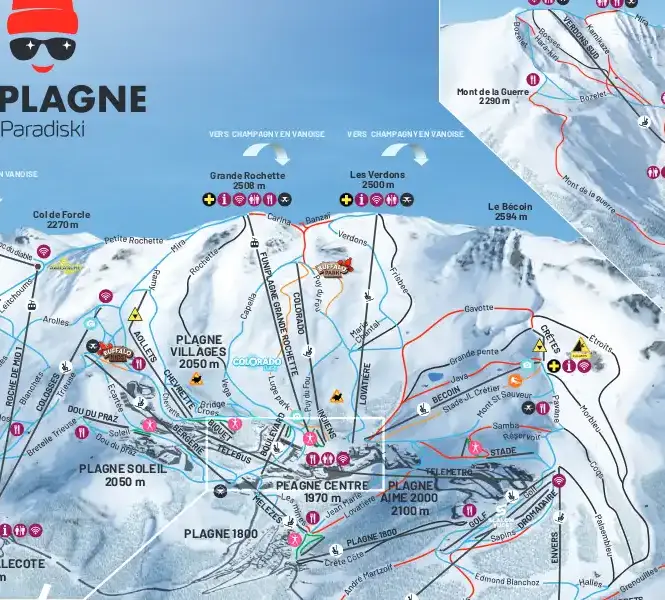 Guide to the quietest sectors in La Plagne - Plagne Centre, Plagne Soleil and Plagne Villages piste map