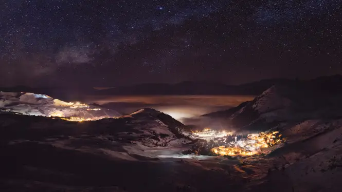 La Plagne at night looking over Belle Plagne