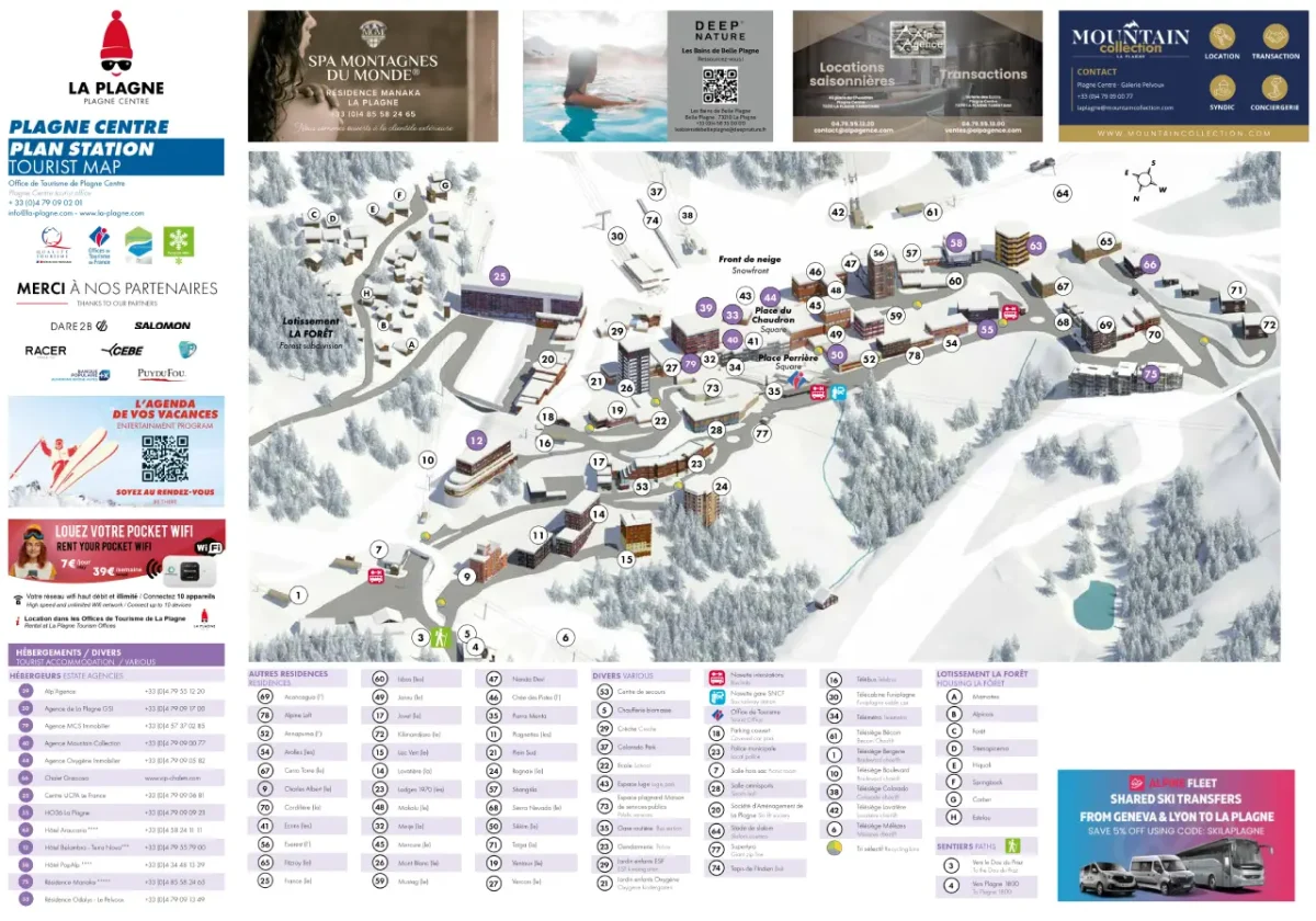 Plagne Centre carte de station village map showing access, bars, restaurants, parking, facilities and amenities in the resort