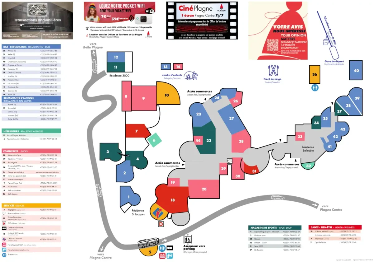 Plagne Bellecote ski resort map showing where to find the main facilities in the station