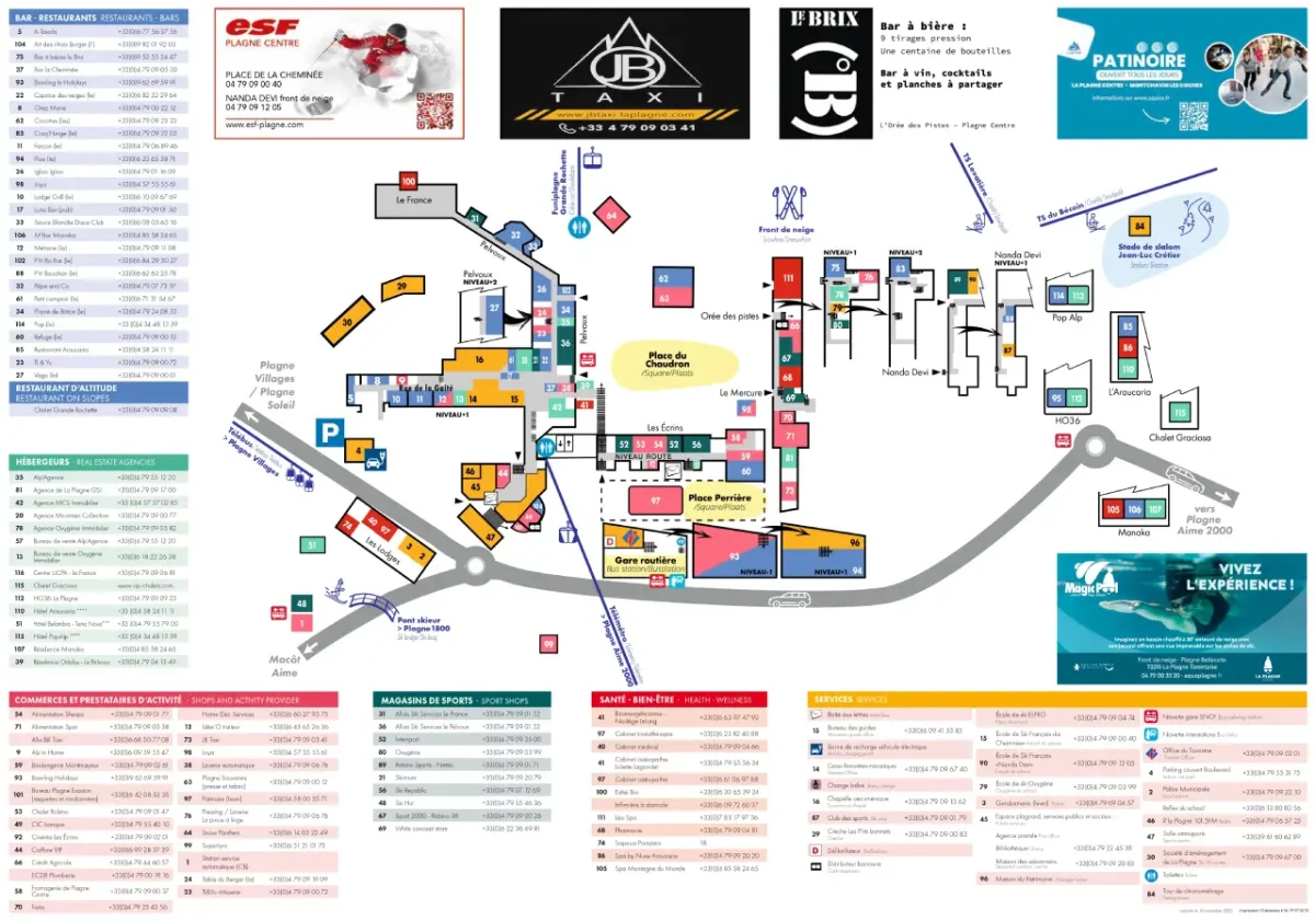Plagne Centre resort map showing the main bars, restaurants, amenities and facilities in the biggest village within La Plagne, Paradiski